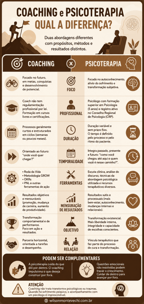 Infográfico sobre a a diferença entre Coaching e Psicoterapia