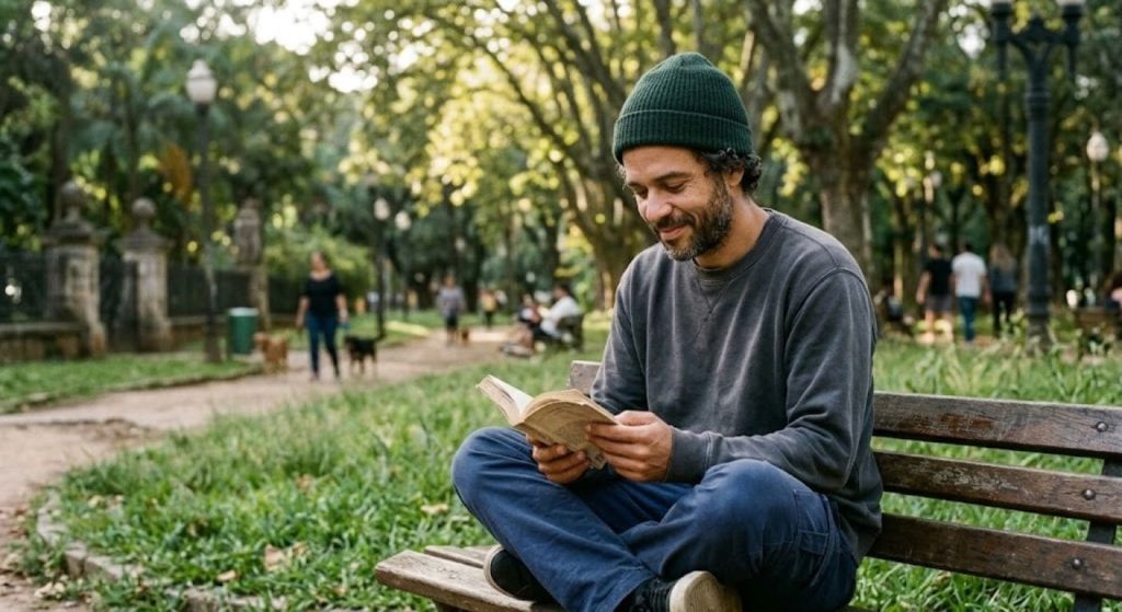 Homem feliz lendo livro em banco de praça arborizada