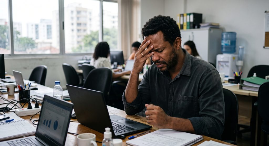 Homem adulto em momento de tensão contida durante uma crise de raiva no ambiente de trabalho