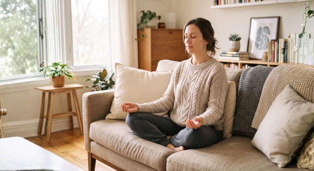 Mulher meditando no sofá para superar a ansiedade e o medo de ficar sozinha