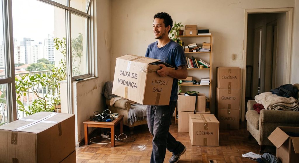 homem jovem organizando caixas no novo apartamento onde ir
