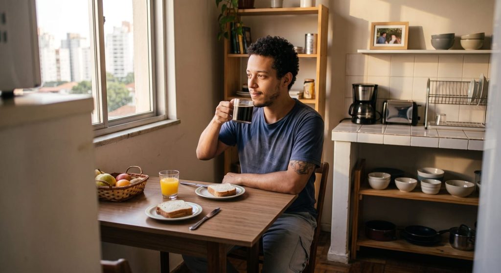 homem tomando café em cozinha simples e iluminada
