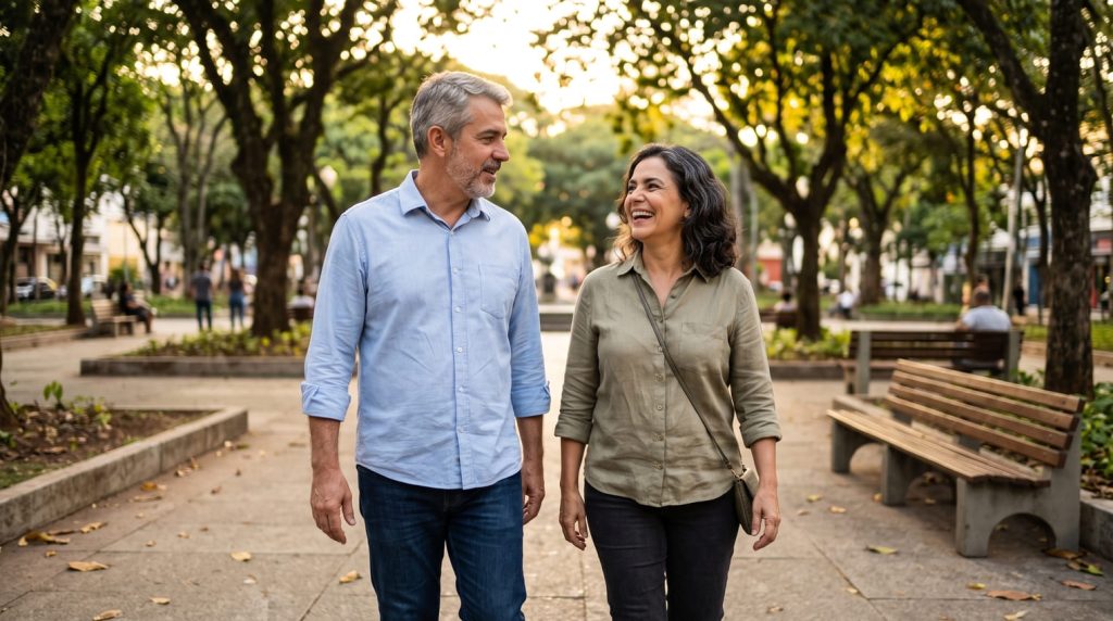 Casal de meia-idade caminhando junto em um parque após a saída dos filhos de casa