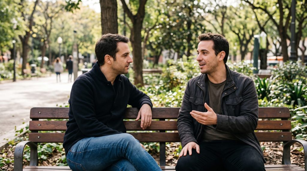 Dois amigos adultos conversando em um banco de praça