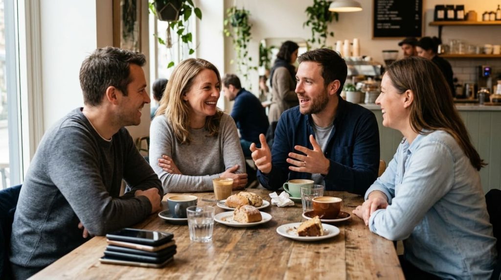 Grupo de amigo no restaurante conversando entre si e com celular afastado