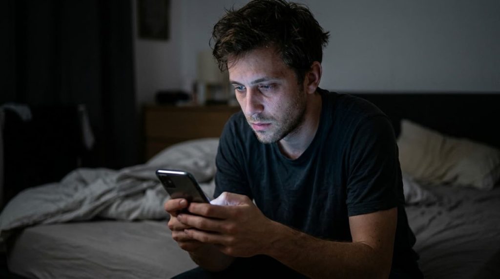 Homem sentado na cama no quarto escuro mexendo no celular