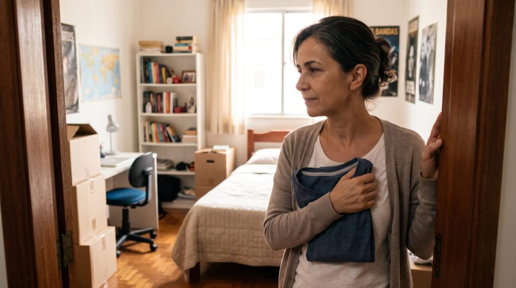 Mãe observando o quarto vazio do filho após a mudança